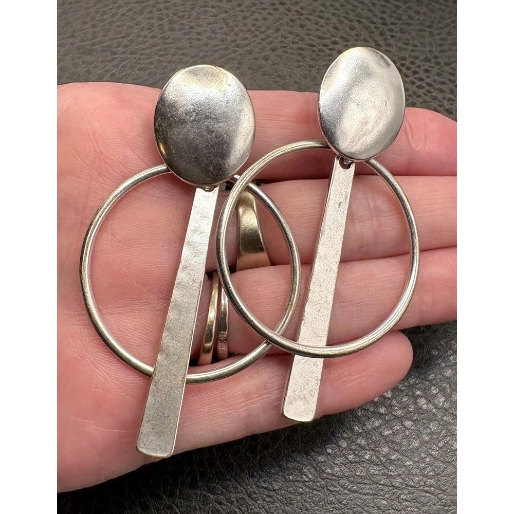 Vintage 80s Modernist Runway Silver Tone Hoop Drop Dangle Statement Earrings